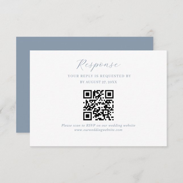 Elegant Script Dusty Blue Wedding QR Code Rsvp Enclosure Card (Front/Back)