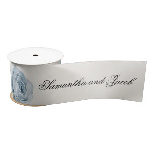 Elegant Script Dusty Blue Wedding Satin Ribbon