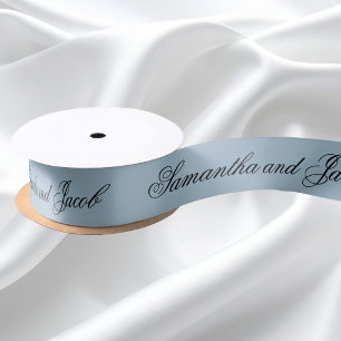 Elegant Script Dusty Blue Wedding Satin Ribbon