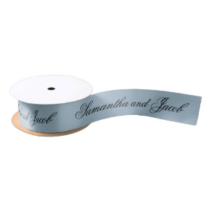 Elegant Script Dusty Blue Wedding Satin Ribbon