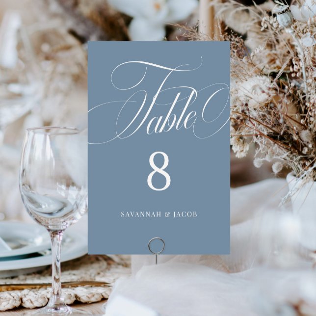 Elegant Script Dusty Blue Wedding  Table Number (Creator Uploaded)