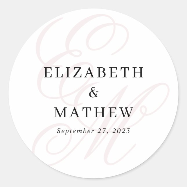 Elegant Script Dusty Pink Monogram Wedding Classic Round Sticker (Front)