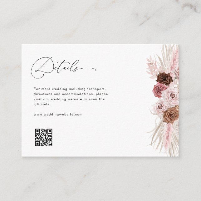 elegant script dusty pink pampas wedding details enclosure card (Front)