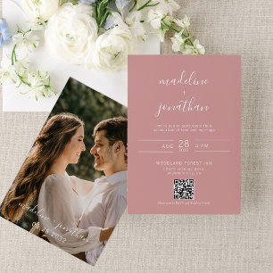 Elegant Script Dusty Pink Photo QR Code Wedding  Invitation