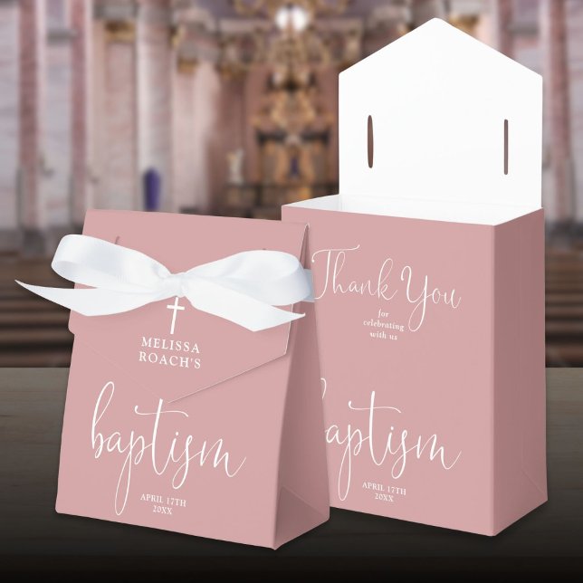 Elegant Script Dusty Rose Pink Baptism Favour Box (Elegant Script Dusty Rose Pink Baptism Favor Box)