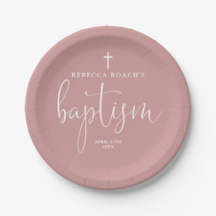 Elegant Script Dusty Rose Pink Baptism Paper Plate