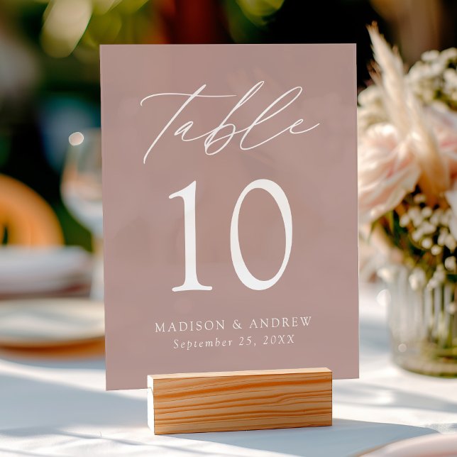 Elegant Script Dusty Rose Wedding Table Number Acrylic Sign (Please note: The wooden stand does not come with the sign. Zazzle sells a wood block stand.)