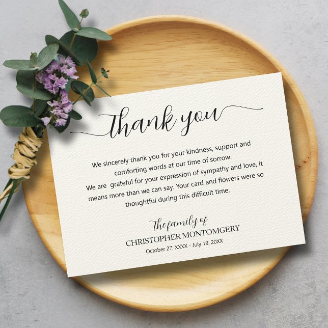 Elegant Script Ecru Funeral Thank You Card (Elegant script thank you cards printed on warm ecru paper with an embossed woven texture)