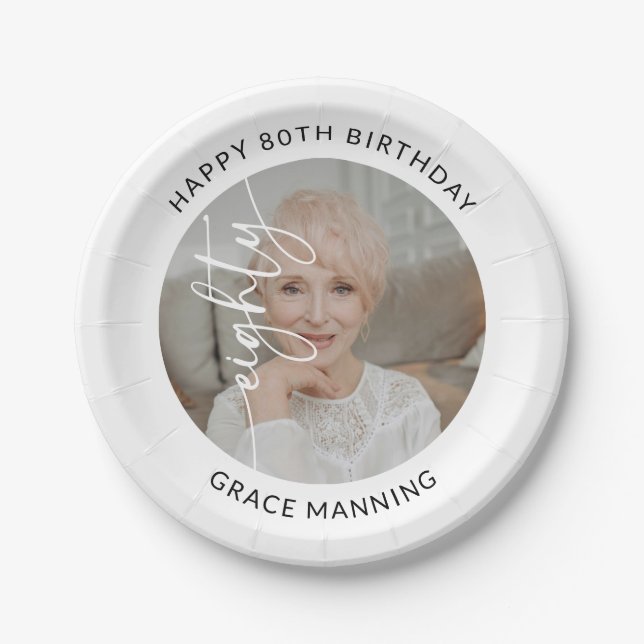 Elegant Script Eighty Photo 80th Birthday Paper Plate (Front)