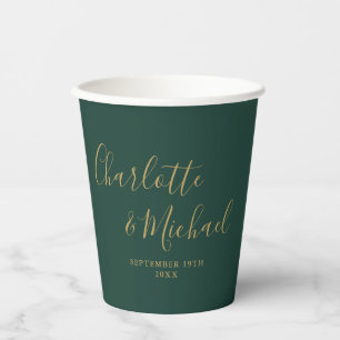 Elegant Script Emerald Green And Gold Wedding Paper Cups