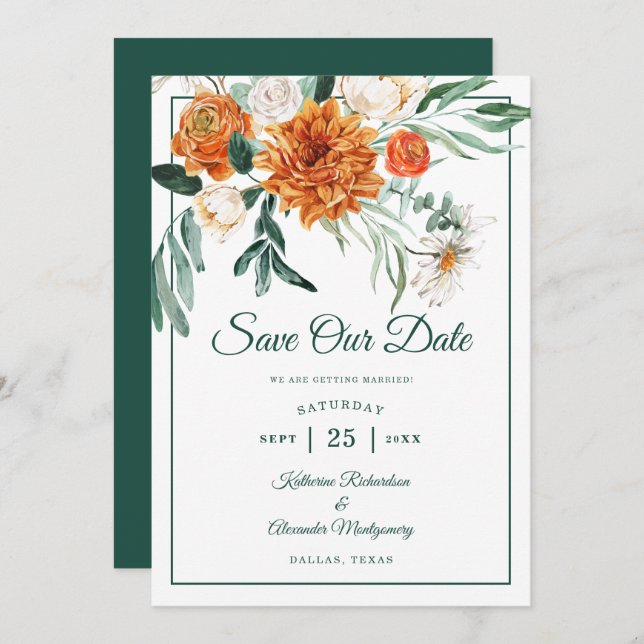 Elegant Script Emerald Green Autumn Floral Wedding Save The Date (Front/Back)