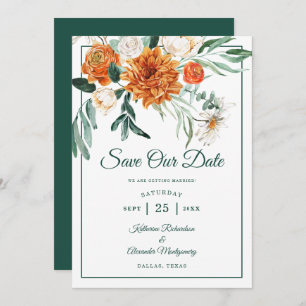 Elegant Script Emerald Green Autumn Floral Wedding Save The Date