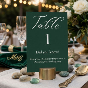 Elegant script emerald green Fun facts wedding Table Number