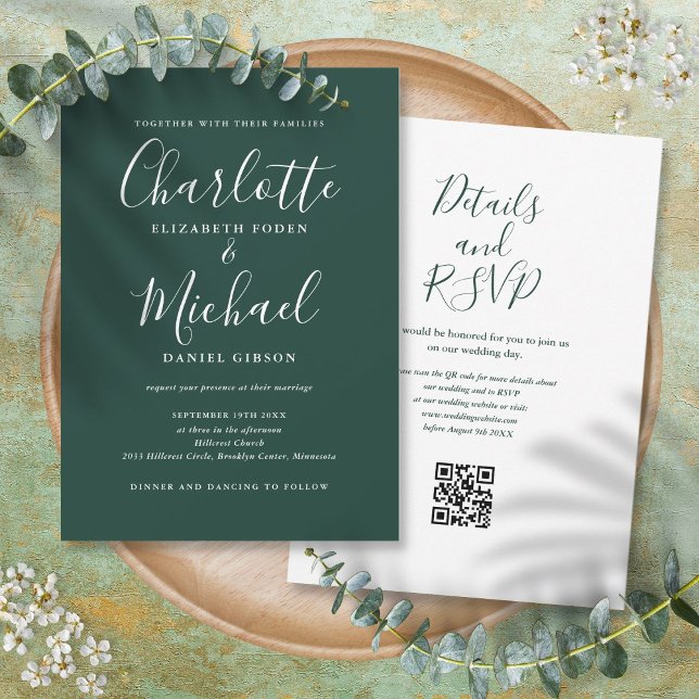 Elegant Script Emerald Green QR Code Wedding Invitation (Elegant Script Emerald Green QR Code Wedding Invitation)