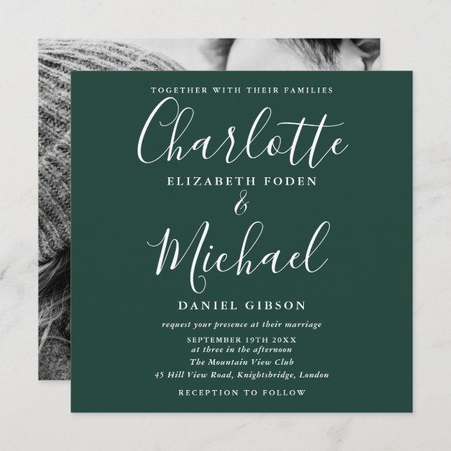 Elegant Script Emerald Green Wedding Photo Invitation (Front/Back)