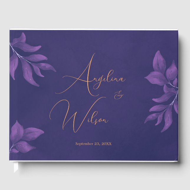 Elegant Script Emerald Purple and Gold Wedding Guest Book (Front)