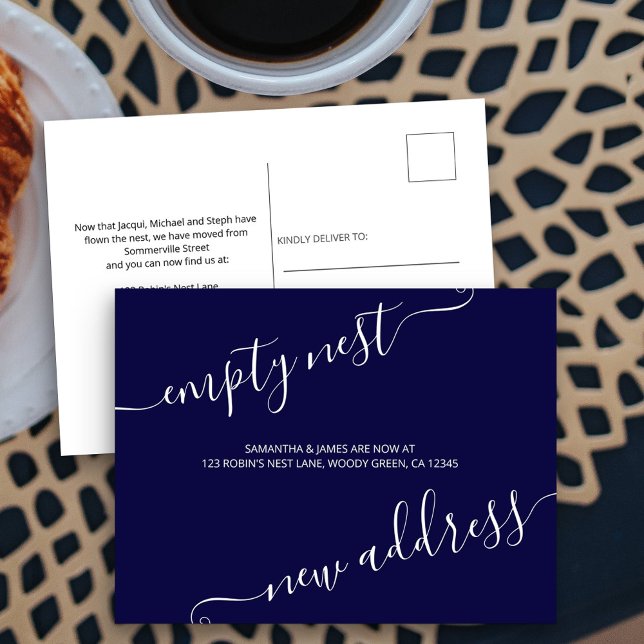 Elegant Script Empty Nest New Address Announcement Postcard (New Address postcard with minimalist design and elegant script)