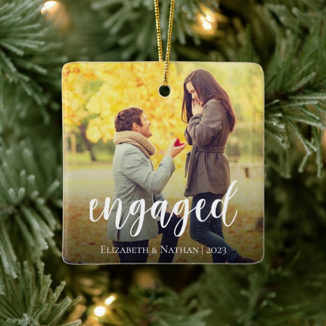 Elegant Script Engaged Photo Christmas Ceramic Ornament (Tree)