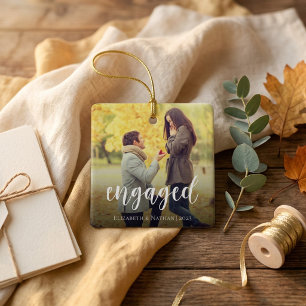 Elegant Script Engaged Photo Christmas Ceramic Ornament