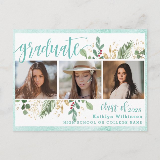 Elegant Script Eucalyptus Greenery 3 Photo Grad Announcement Postcard (Front)