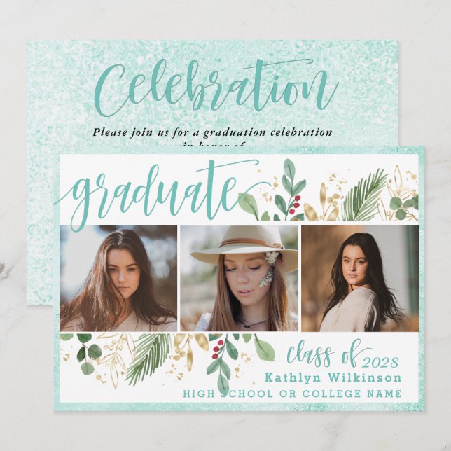 Elegant Script Eucalyptus Greenery 3 Photo Grad Invitation (Front/Back)