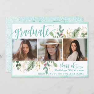 Elegant Script Eucalyptus Greenery 3 Photo Grad Invitation