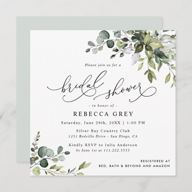 Elegant Script Eucalyptus Greenery Bridal Shower Invitation (Front/Back)