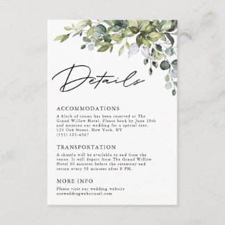 Elegant Script Eucalyptus Greenery Wedding Details Enclosure Card