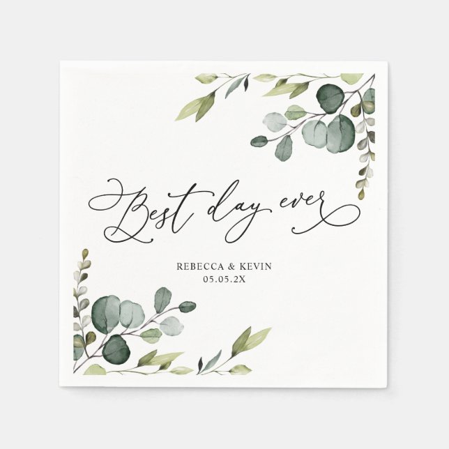 Elegant Script Eucalyptus Greenery Wedding Paper Napkin (Front)