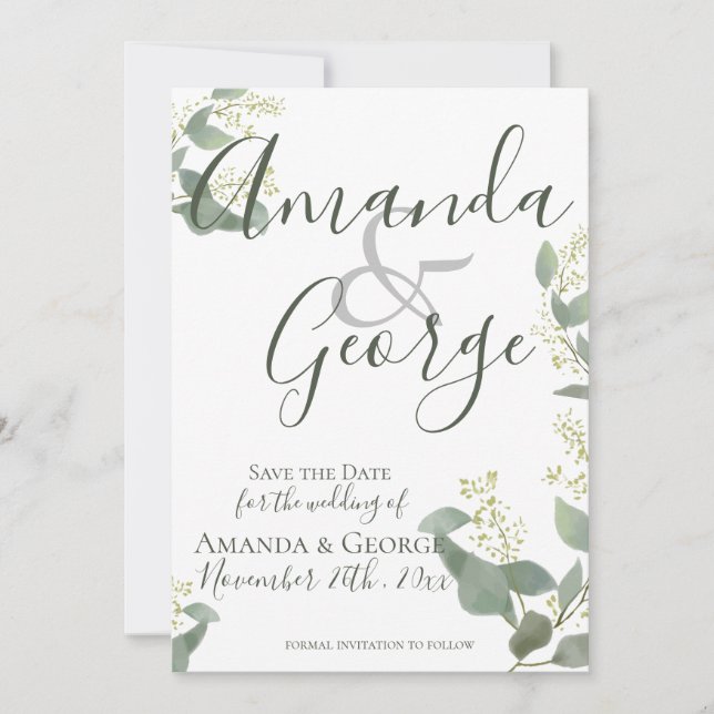 Elegant Script | Eucalyptus Leaves | Wedding Save The Date (Front)