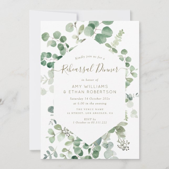 elegant script eucalyptus rehearsal dinner invitation (Front)