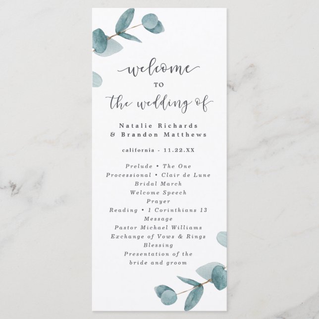 Elegant Script Eucalyptus Wedding Ceremony Program (Front)