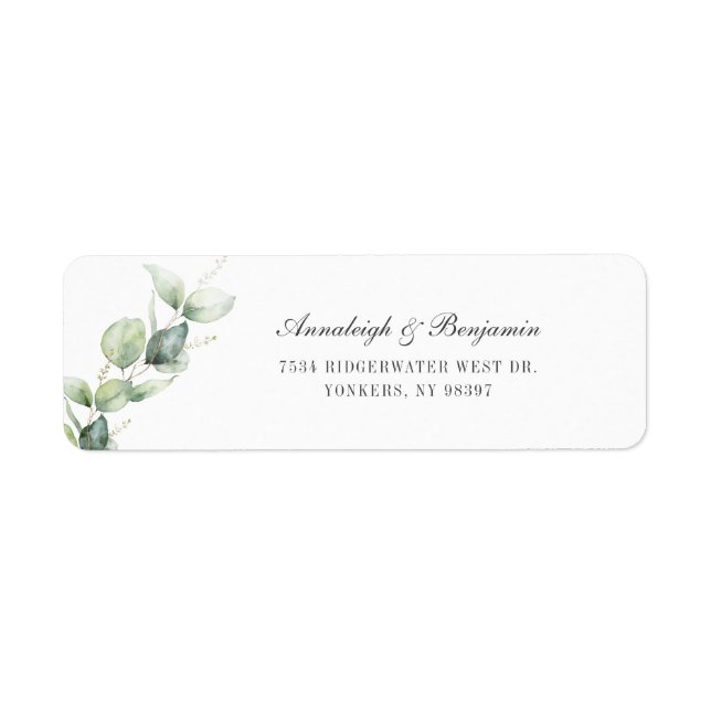 Elegant Script Eucalyptus Wedding Return Address Label (Front)