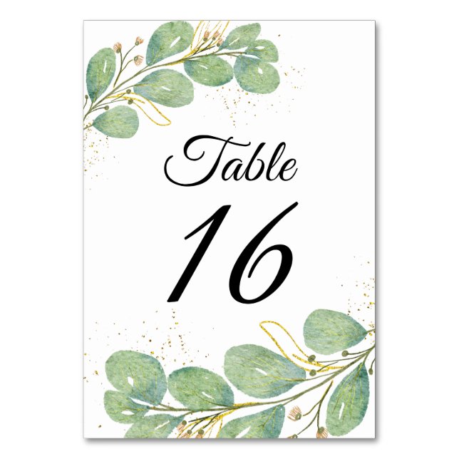 Elegant Script Eucalyptus Wedding Table Number (Front)