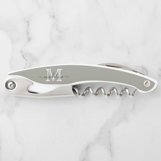 Elegant Script Evergreen Fog Monogram Kitchen Corkscrew (Front)