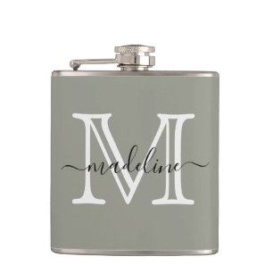 Elegant Script Evergreen Fog Monogram Kitchen Hip Flask