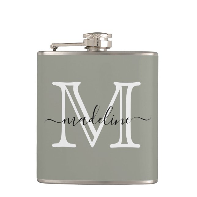 Elegant Script Evergreen Fog Monogram Kitchen Hip Flask (Front)