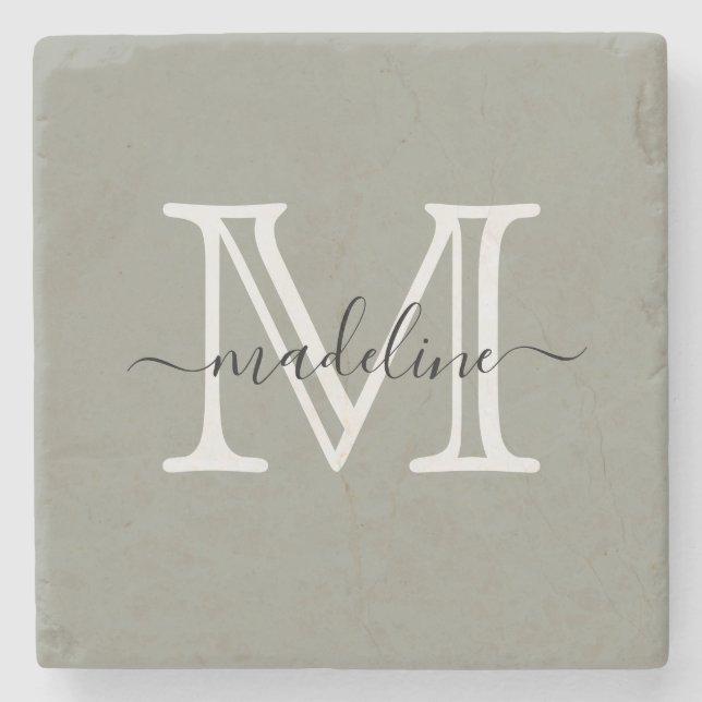 Elegant Script Evergreen Fog Monogram Stone Coaster (Front)