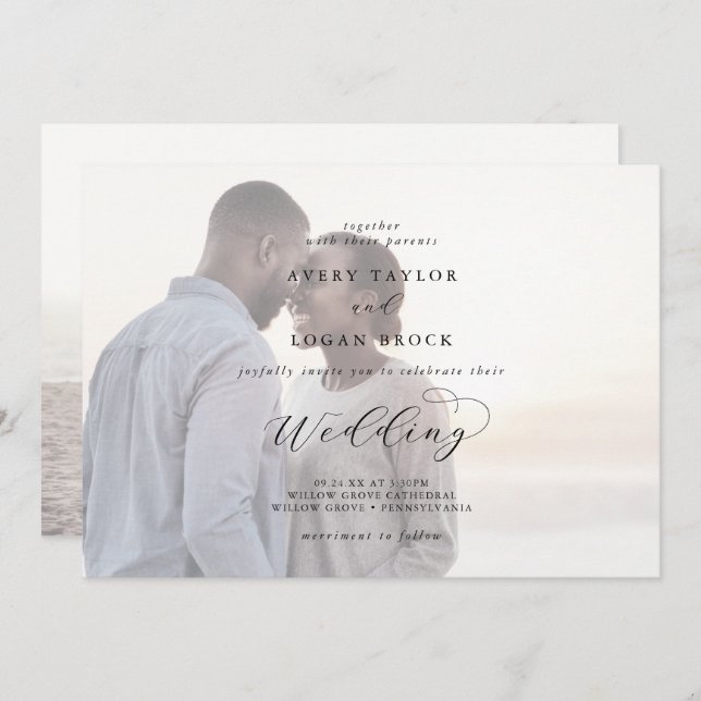 Elegant Script | Faded Horizontal Photo Wedding Invitation (Front/Back)
