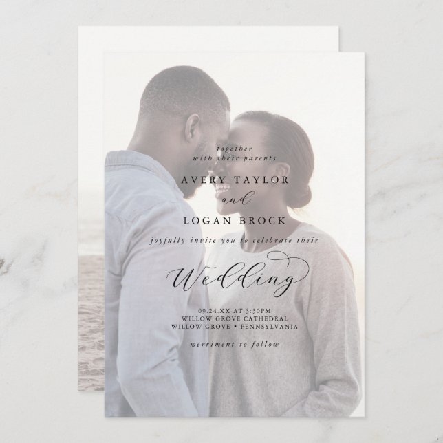 Elegant Script Faded Photo Front and Back Wedding Invitation (Front/Back)