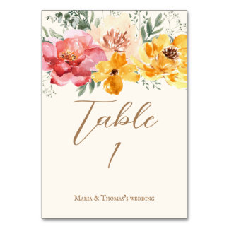Elegant script fall floral flower wedding table number