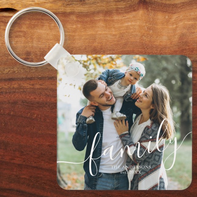 Elegant Script "Family" Custom Photo Key Ring (Front)