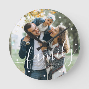 Elegant Script "Family" Custom Photo Round Clock