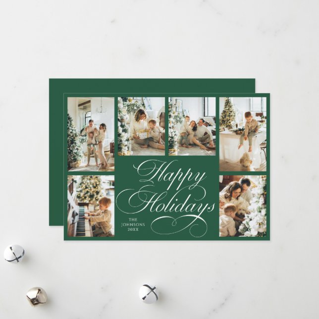 Elegant Script & Family Photo Collage Christmas Holiday Card (Front/Back In Situ)