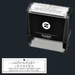 Elegant Script Family Wedding Return Address Self-inking Stamp<br><div class="desc">Elegant,  Modern Hand Lettered Script Wedding Return Address self-inking stamp. Featuring a pretty hand-written swash tail font script couple monogram names,  family name and a little heart motif on the top,  around thin line frame. Easy to personalise them with your names and return address info.</div>