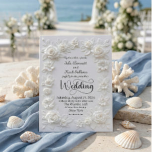 Elegant Script Faux Embossed Roses Formal Wedding Invitation