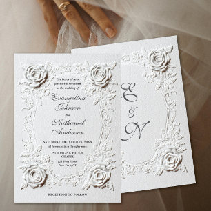 Elegant Script Faux Embossed Roses Formal Wedding  Invitation
