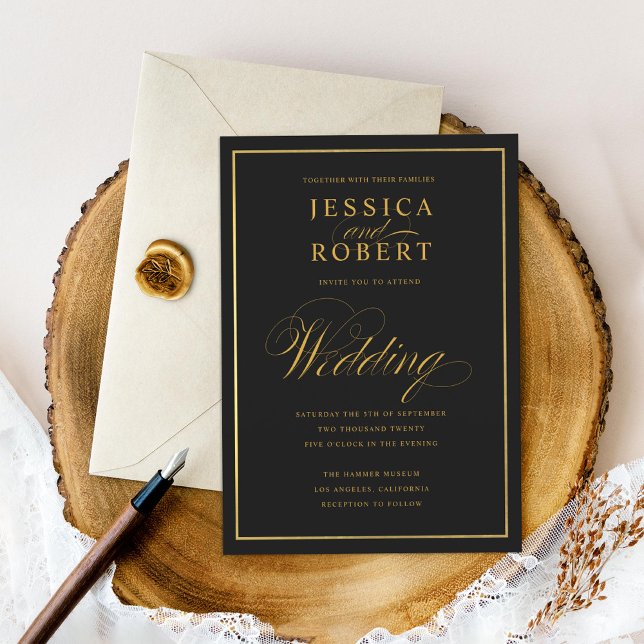 Elegant Script Faux Gold Border Black Wedding Invitation (Creator Uploaded)
