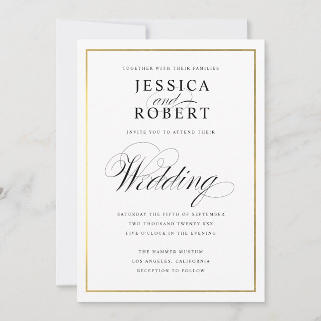 Elegant Script Faux Gold Border Wedding Invitation (Front)