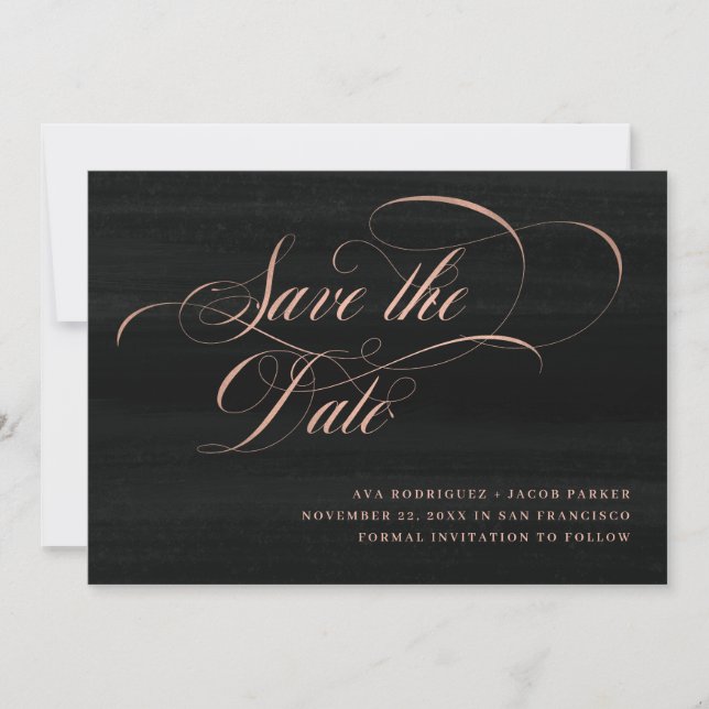 Elegant Script | Faux Rose Gold and Black Save The Date (Front)